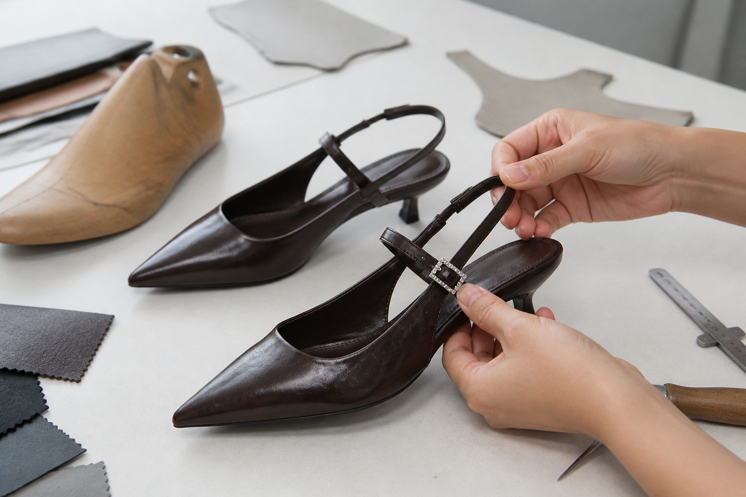 Hands checking a women's slingback shoe sample on a development table