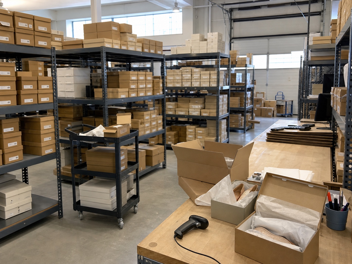 Shoe boxes, picking carts and a packing station inside an overseas fulfillment warehouse